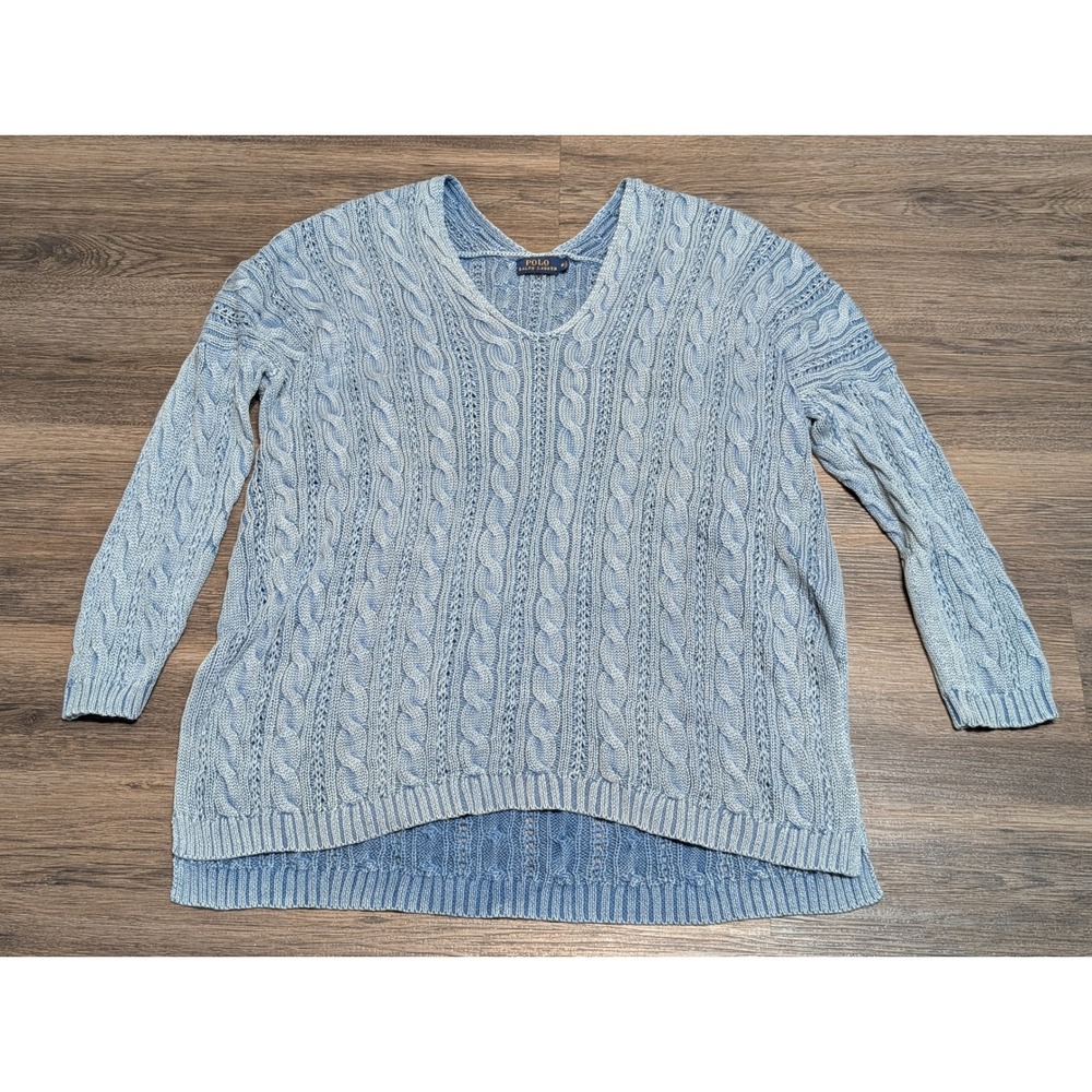 Polo Ralph Lauren Womens Blue Cable Knit V-Neck Sweater High Low Hem Size M‎